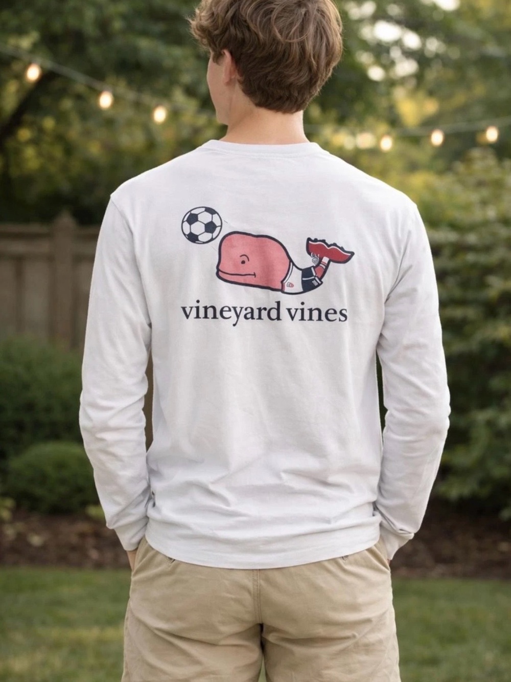 Vineyard Vines White Long Sleeve Tee with Pink Soccer Whale